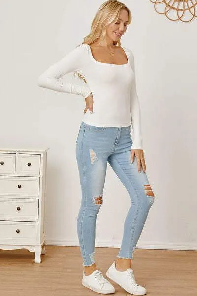 Square Neck Long Sleeve T-Shirt Women's T-Shirts - Tophatter Daily Deals